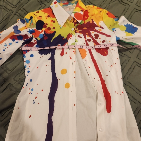 Splatter colored blouse. White background with green, purple, & orange. - Picture 11 of 11